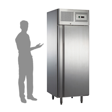 Stainless steel single door upright chiller with a shadow of a person gesturing beside it.