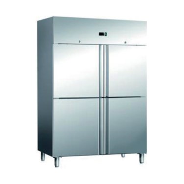 Stainless steel double door upright freezer with a sleek, reflective surface and sturdy legs.