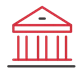 Red icon of a classical building with columns, set against a black background.