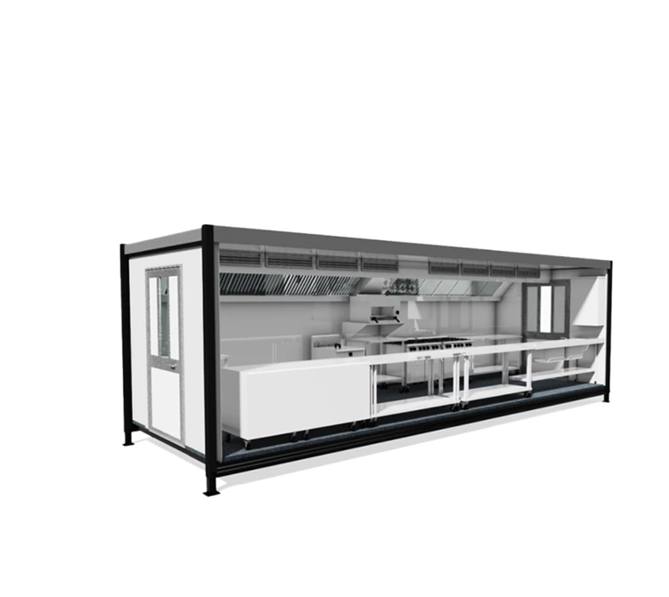 A modern, transparent kitchen unit with white surfaces and black framing, showcasing cooking equipment inside.