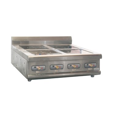 Stainless steel countertop food warmer with four compartments and control knobs on the front.
