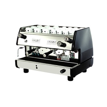 Polished stainless steel espresso machine with black accents, featuring multiple control knobs and a drip tray.