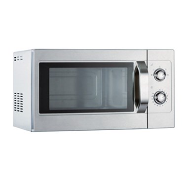 Stainless steel microwave with a glass door and two control knobs on the right side.