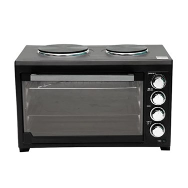 Black countertop oven with two hotplates and control knobs on the right side.