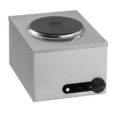 Stainless steel electric hot plate with a black cooking surface and adjustable temperature control knob.