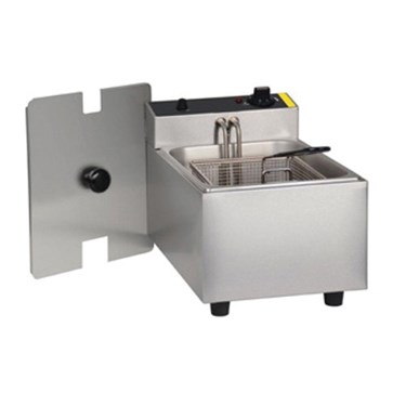 Stainless steel countertop deep fryer with a removable basket and control panel.