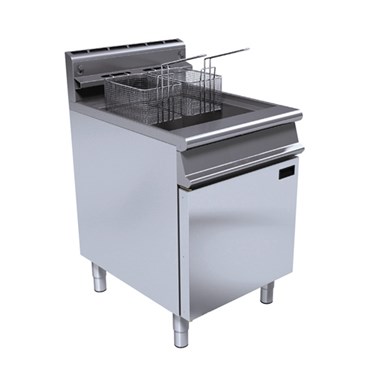 Stainless steel commercial deep fryer with two baskets and a flat top surface.