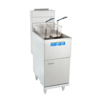 Stainless steel commercial fryer with two baskets and a blue control panel.