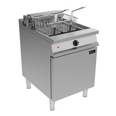 Stainless steel commercial deep fryer with two baskets and a control panel, set on sturdy legs.