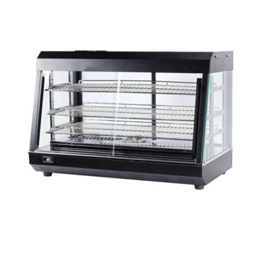 Black countertop display cabinet with glass panels and multiple shelves for showcasing products.