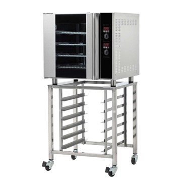 Stainless steel oven with black glass door, mounted on a wheeled metal rack.