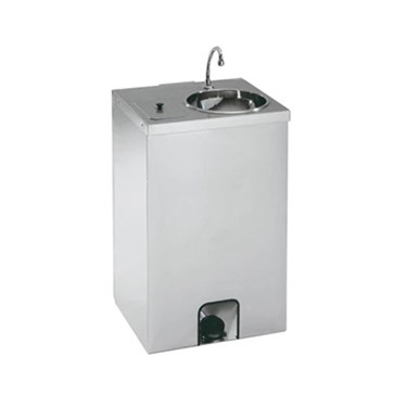 Stainless steel water fountain with a single tap, featuring a smooth, polished surface.