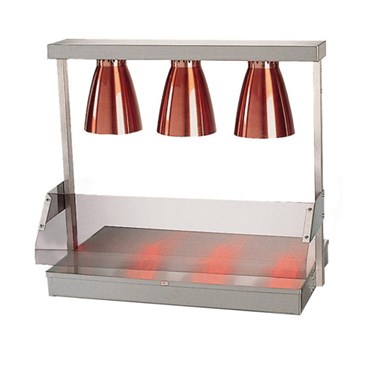 Stainless steel food warmer with three red heat lamps and a clear serving area.