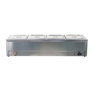 Stainless steel food warmer with four compartments, featuring a polished surface and control knobs.