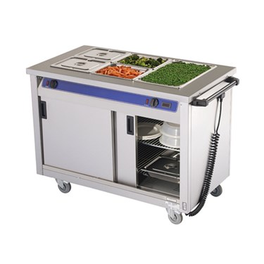Stainless steel food preparation cart with colourful ingredients displayed on top and storage below.