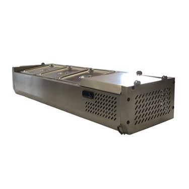 Metallic grey equipment with a perforated surface, featuring a flat top and side vents.