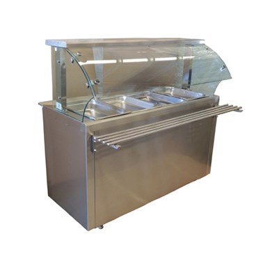 Stainless steel food display unit with a glass cover, featuring multiple compartments for food items.
