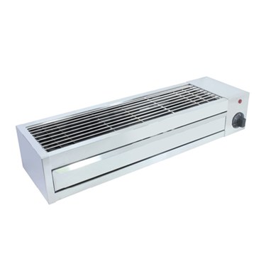 White electric heater with a metal grille, featuring a control knob on the side.