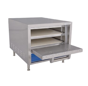 Stainless steel commercial oven with three shelves and a blue pull-out tray.