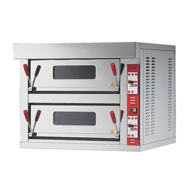 Double-deck commercial oven with stainless steel finish and red control panel, designed for baking.