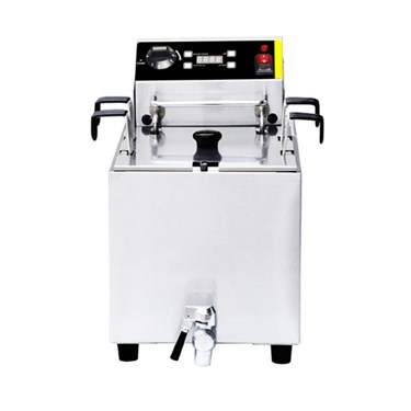 Stainless steel deep fryer with control panel and drainage tap, featuring a sleek, polished finish.
