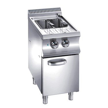 Stainless steel commercial deep fryer with two baskets and adjustable temperature controls.