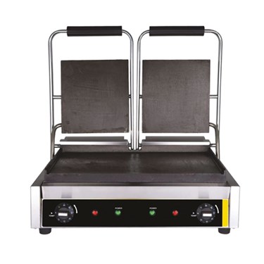 Double-sided electric grill with stainless steel frame and textured black cooking plates.