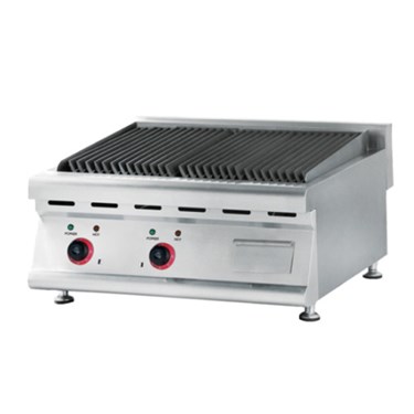 Stainless steel grill with two control knobs and a ribbed cooking surface.
