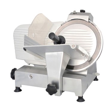 Silver meat slicer with a circular blade and a white plastic guard.