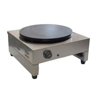 Stainless steel crepe maker with a black cooking surface and adjustable temperature control knob.