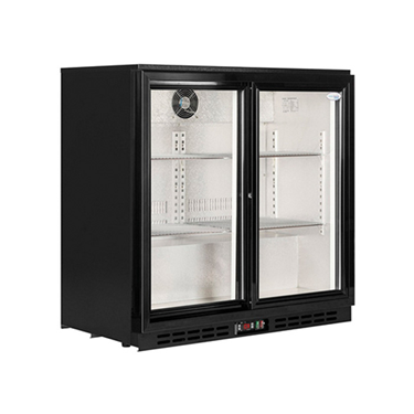 Black double door back bar chiller with glass front and empty shelves, designed for beverage storage.