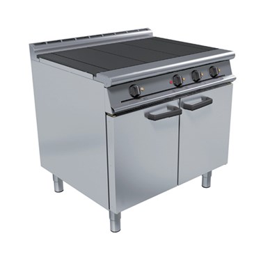 Stainless steel commercial cooking range with a flat top and two cabinet doors.