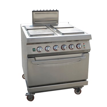 Stainless steel commercial cooking range with four burners and a griddle on top.