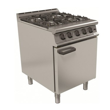 Stainless steel gas cooker with six burners and an oven compartment, set on four legs.