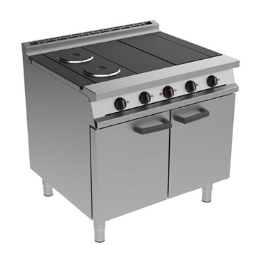 Stainless steel cooking range with two burners and storage cabinets, featuring a smooth surface.