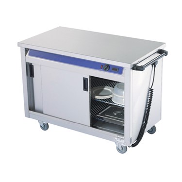 Stainless steel mobile catering unit with a blue stripe, featuring an open door and shelves inside.