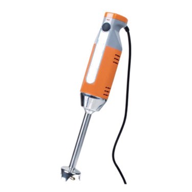 Orange and silver hand blender with a long blending shaft and a power cord.