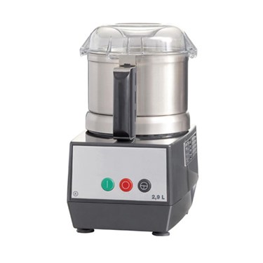 Stainless steel food processor with a grey base and control buttons in red and green.