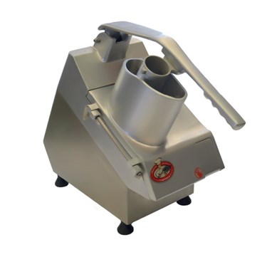 Stainless steel food processor with a large hopper and lever for slicing or dicing ingredients.