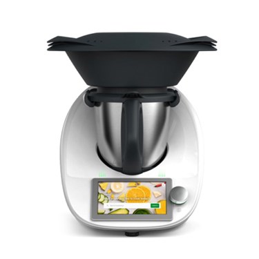 A sleek, silver kitchen appliance with a black lid and touchscreen display, designed for cooking.