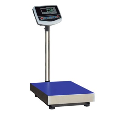 Digital weighing scale with a blue platform and stainless steel pole, displaying weight readings.