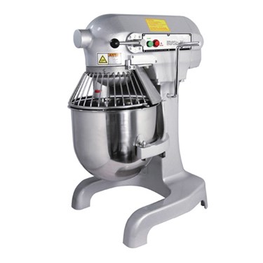 Silver industrial stand mixer with a stainless steel bowl and wire whisk attachment.