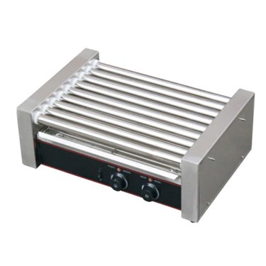 Stainless steel roller grill with multiple heating elements and two control knobs on the front.