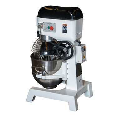 Heavy-duty stand mixer with a stainless steel bowl and black and white exterior.
