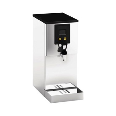 Stainless steel beverage dispenser with a black control panel and drip tray at the base.