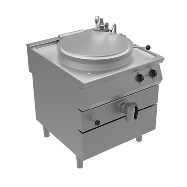 Stainless steel cooking appliance with a round top and two drawers beneath.