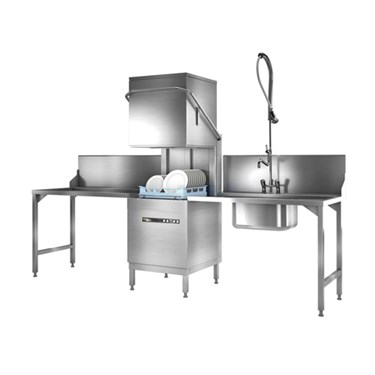 Stainless steel commercial kitchen sink setup with multiple basins and a high-arch faucet.