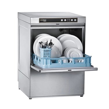 Stainless steel commercial dishwasher with blue cutlery basket, loaded with clean plates and utensils.