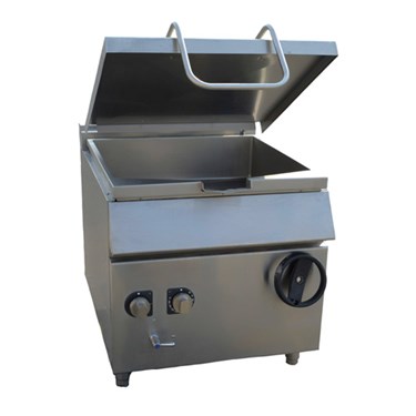 Stainless steel countertop fryer with an open lid and control knobs, showcasing a polished surface.