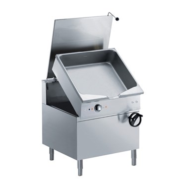 Stainless steel cooking appliance with an open lid and adjustable temperature control knob.